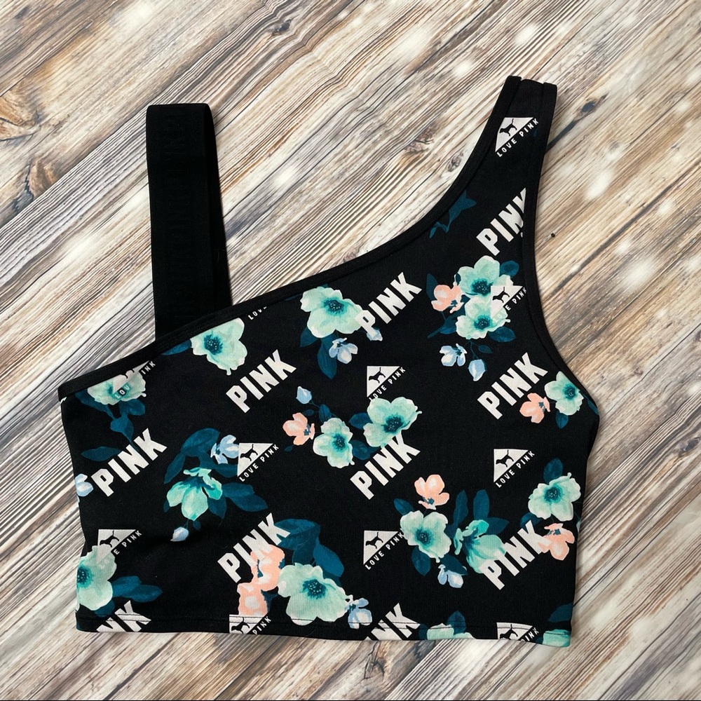PINK Victoria's Secret Black Floral Ultimate Logo Asymmetrical Strap Sports bra